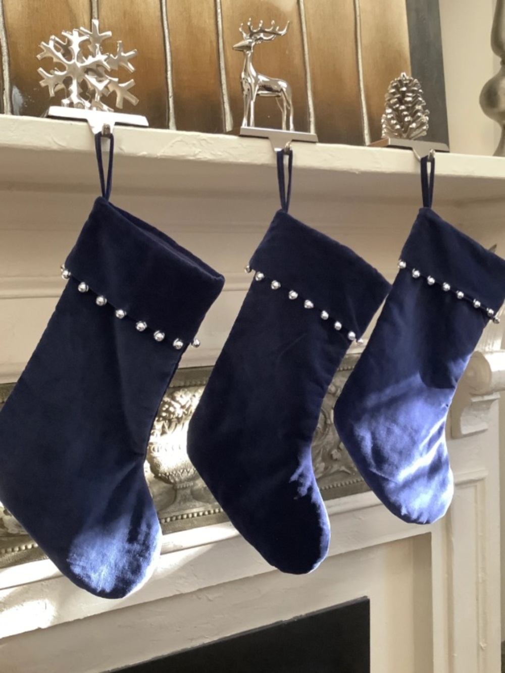 Set of four 4️⃣ Velvet Christmas Stocking with Silver Jingle Bells - Navy Blue
